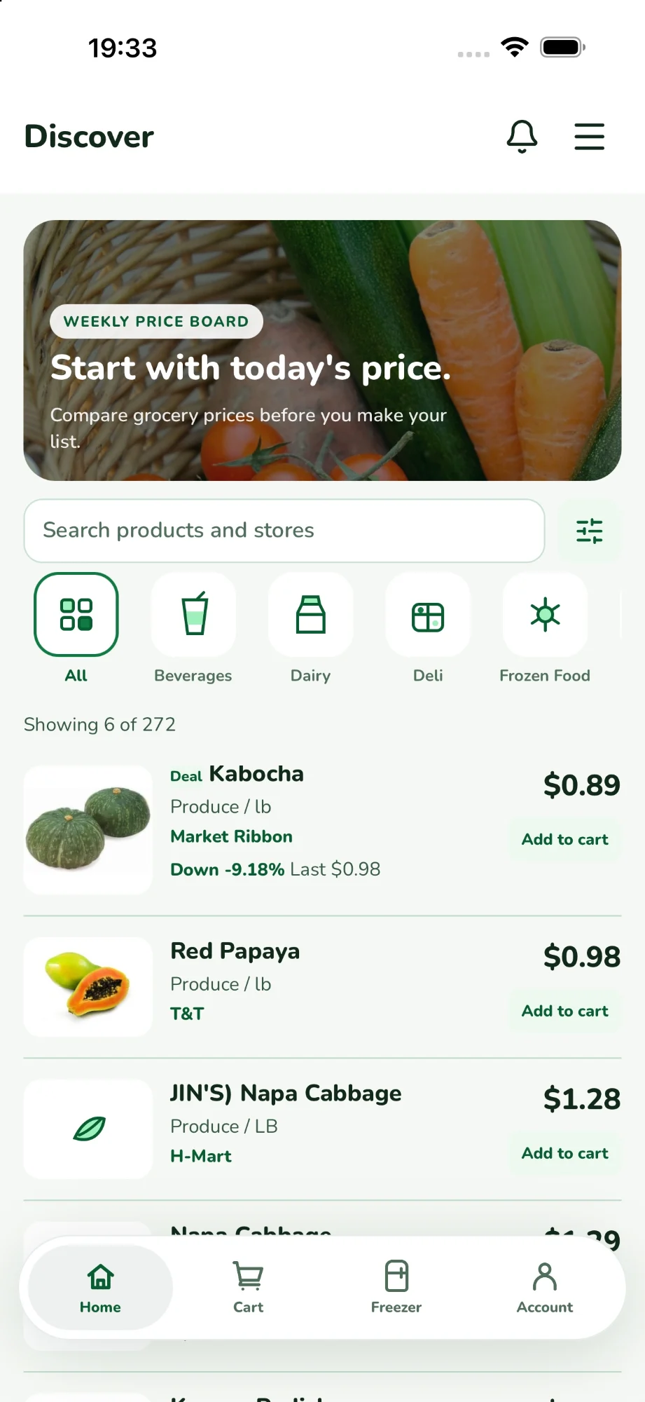 PocketCart iOS app showing grocery discovery